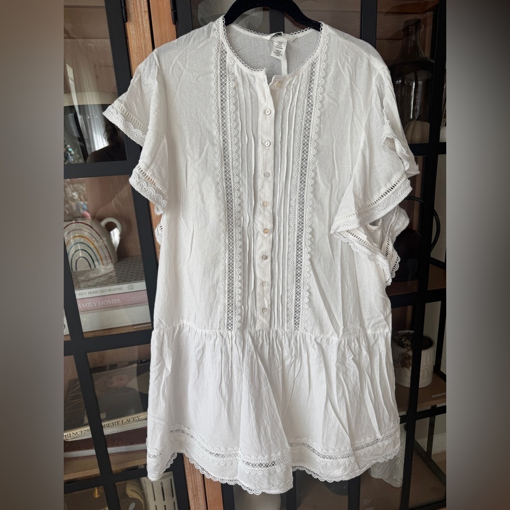 H&M mini dress lace embroidered pintuck ruffle short flutter sleeve ladder